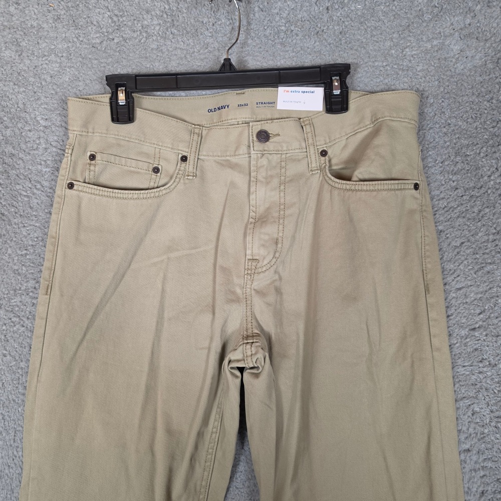 Old Navy Chino Pants Mens 33x32 Straight Leg  Khaki New Built-In Tough Cotton - Picture 4 of 10